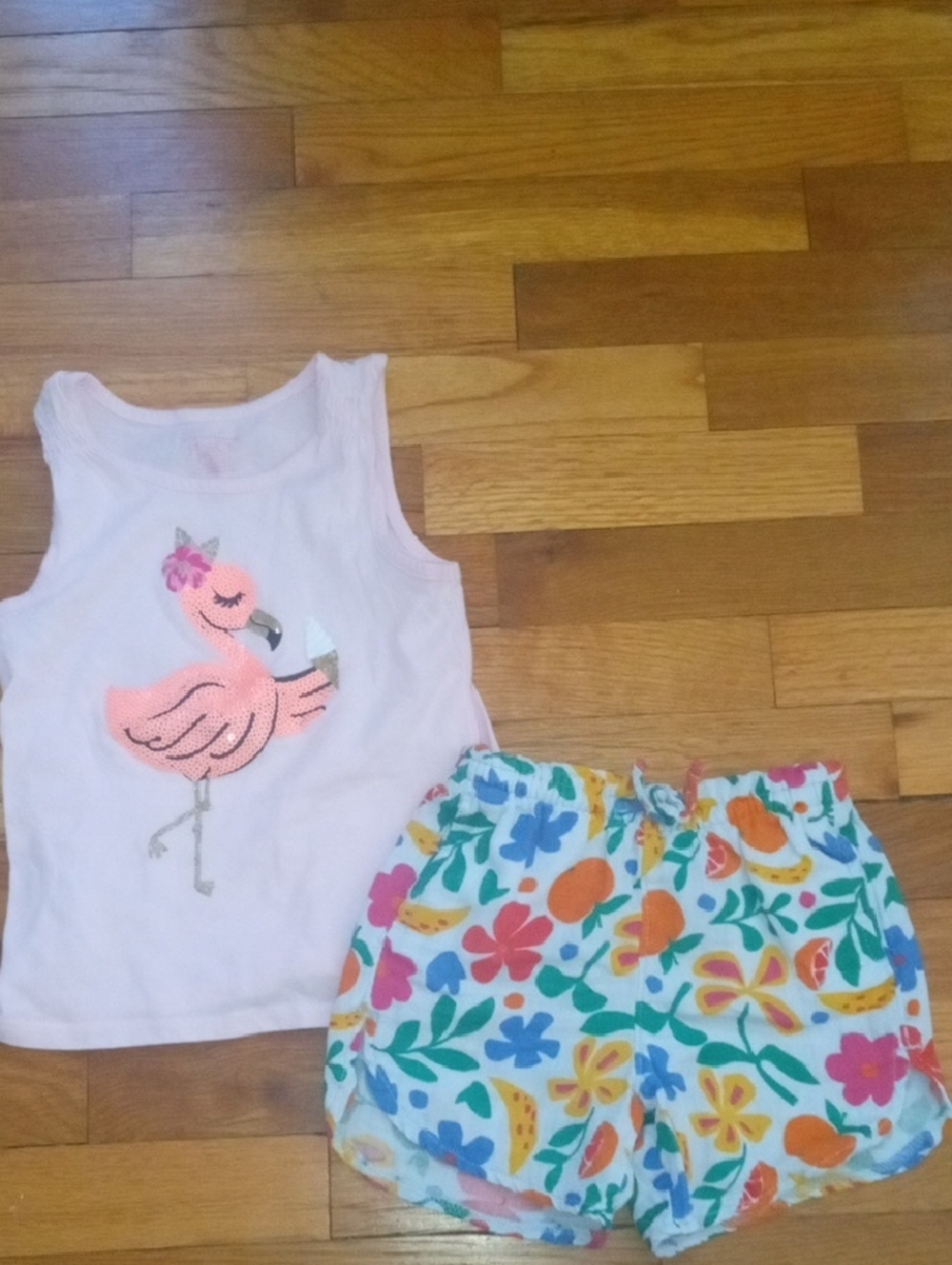 girl 5 sequin flamingo tank, and colorful shorts